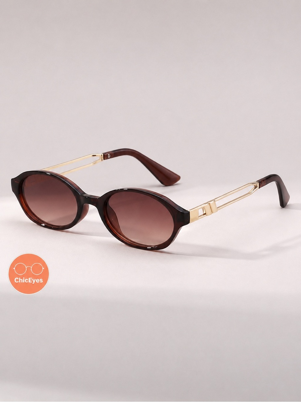Brown frame and lens Vintage Oval Sunglasses with Gold Accents